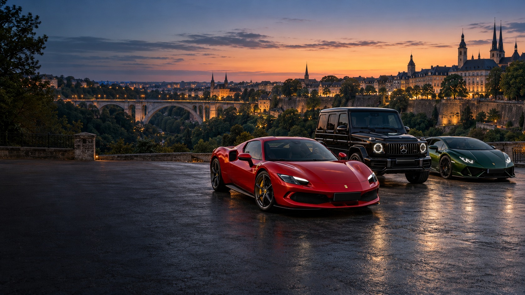 Composition automobile au Luxembourg : Ferrari 296, Mercedes-AMG G63 et Lamborghini Huracán — illustration